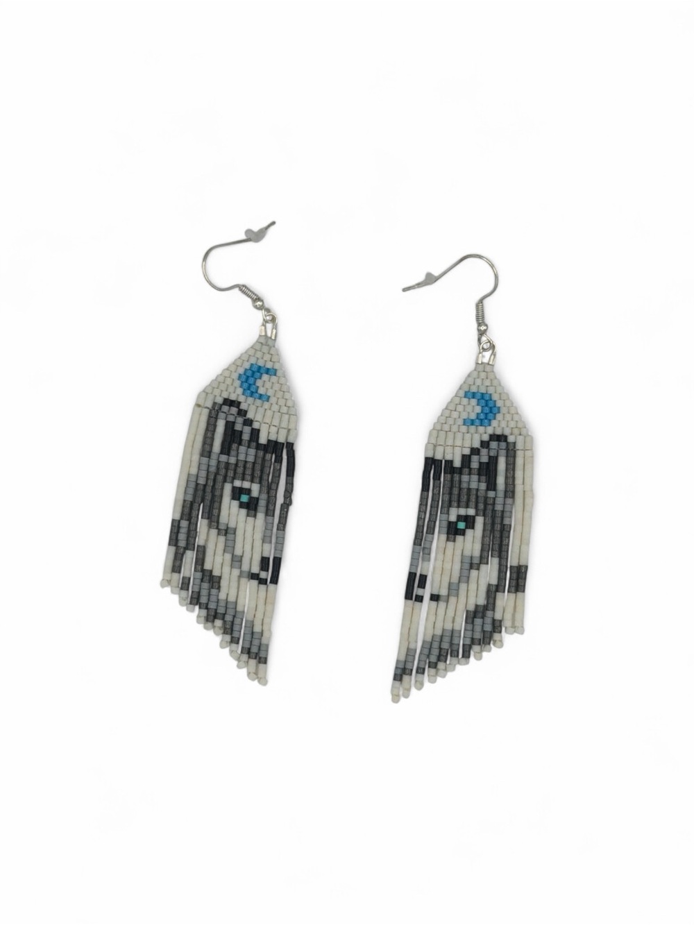 Wolves Handmade Beaded Fringe Earrings with Blue Crescent Accent